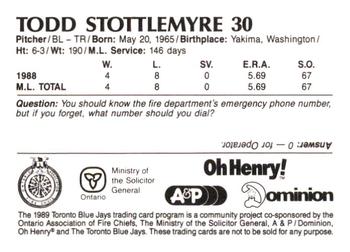 1989 Toronto Blue Jays Fire Safety #NNO Todd Stottlemyre Back