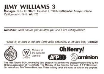 1989 Toronto Blue Jays Fire Safety #NNO Jimy Williams Back