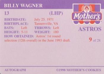 1998 Mother's Cookies Houston Astros #9 Billy Wagner Back