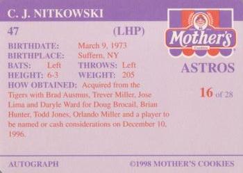 1998 Mother's Cookies Houston Astros #16 C.J. Nitkowski Back