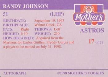 1998 Mother's Cookies Houston Astros #17 Randy Johnson Back