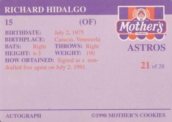 1998 Mother's Cookies Houston Astros #21 Richard Hidalgo Back