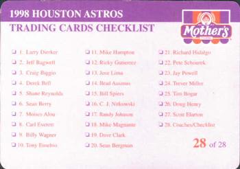 1998 Mother's Cookies Houston Astros #28 Coaches & Checklist (Jose Cruz / Mike Cubbage / Dave Engle / Matt Galante / Tom McCraw / Vern Ruhle) Back