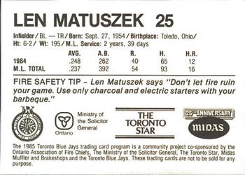 1985 Toronto Blue Jays Fire Safety #NNO Len Matuszek Back