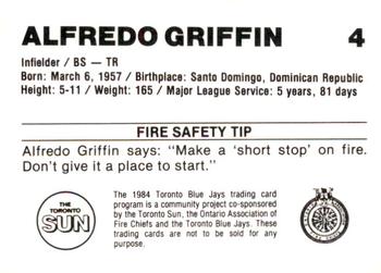 1984 Toronto Blue Jays Fire Safety #NNO Alfredo Griffin Back