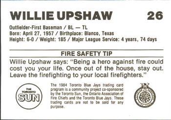 1984 Toronto Blue Jays Fire Safety #31 Willie Upshaw Back