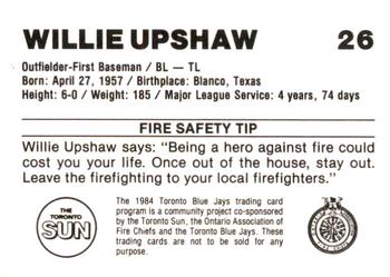 1984 Toronto Blue Jays Fire Safety #NNO Willie Upshaw Back
