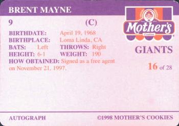 1998 Mother's Cookies San Francisco Giants #16 Brent Mayne Back