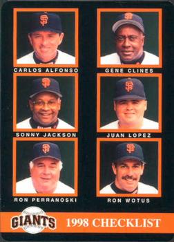 1998 Mother's Cookies San Francisco Giants #28 Coaches & Checklist (Carlos Alfonso / Gene Clines / Sonny Jackson / Juan Lopez / Ron Perranoski / Ron Wotus) Front