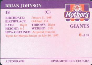 1998 Mother's Cookies San Francisco Giants #6 Brian Johnson Back