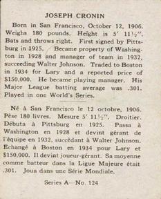 1937 O-Pee-Chee Batter Ups (V300) #124 Joe Cronin Back