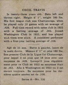 1937 O-Pee-Chee Batter Ups (V300) #126 Cecil Travis Back
