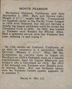 1937 O-Pee-Chee Batter Ups (V300) #131 Monte Pearson Back