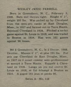 1937 O-Pee-Chee Batter Ups (V300) #138 Wes Ferrell Back