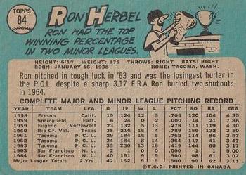 1965 O-Pee-Chee #84 Ron Herbel Back