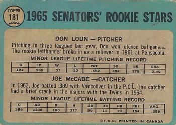 1965 O-Pee-Chee #181 Senators 1965 Rookie Stars (Don Loun / Joe McCabe) Back