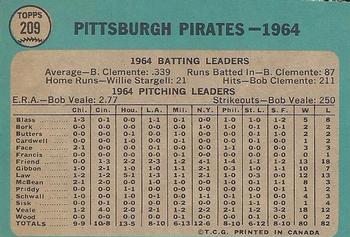 1965 O-Pee-Chee #209 Pittsburgh Pirates Back
