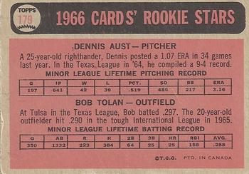 1966 O-Pee-Chee #179 Cardinals 1966 Rookie Stars (Dennis Aust / Bob Tolan) Back