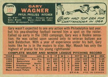 1966 O-Pee-Chee #151 Gary Wagner Back