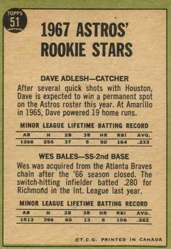 1967 O-Pee-Chee #51 Astros 1967 Rookie Stars (Dave Adlesh / Wes Bales) Back