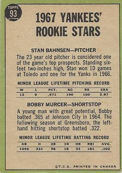 1967 O-Pee-Chee #93 Yankees 1967 Rookie Stars (Stan Bahnsen / Bobby Murcer) Back