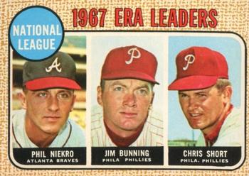 1968 O-Pee-Chee #7 National League 1967 ERA Leaders (Phil Niekro / Jim Bunning / Chris Short) Front