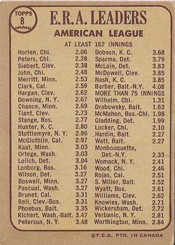 1968 O-Pee-Chee #8 American League 1967 ERA Leaders (Joe Horlen / Gary Peters / Sonny Siebert) Back