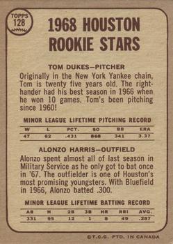 1968 O-Pee-Chee #128 Houston 1968 Rookie Stars (Tom Dukes / Alonzo Harris) Back