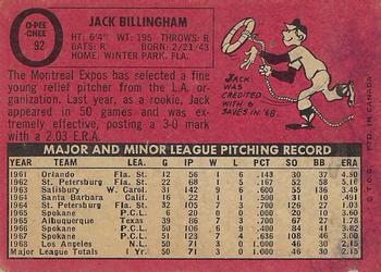 1969 O-Pee-Chee #92 Jack Billingham Back