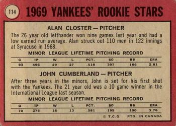 1969 O-Pee-Chee #114 Yankees 1969 Rookie Stars (Alan Closter / John Cumberland) Back