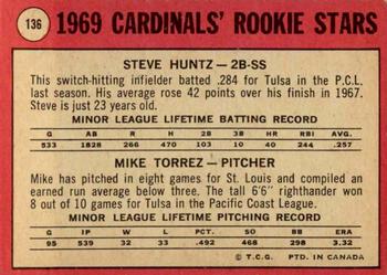 1969 O-Pee-Chee #136 Cards 1969 Rookie Stars (Steve Huntz / Mike Torrez) Back