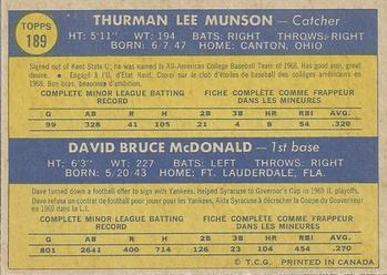 1970 O-Pee-Chee #189 Yankees 1970 Rookie Stars (Thurman Munson / Dave McDonald) Back