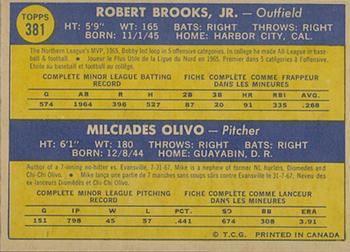 1970 O-Pee-Chee #381 Athletics 1970 Rookie Stars (Bobby Brooks / Mike Olivo) Back