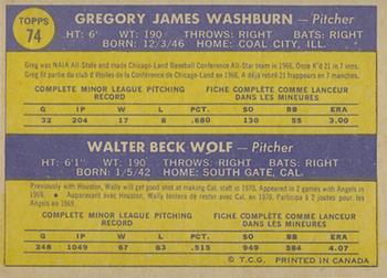 1970 O-Pee-Chee #74 Angels 1970 Rookie Stars (Greg Washburn / Wally Wolf) Back