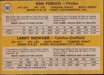 1971 O-Pee-Chee #102 Astros 1971 Rookie Stars (Ken Forsch / Larry Howard) Back