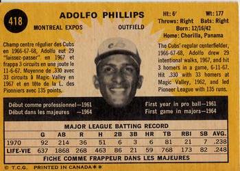 1971 O-Pee-Chee #418 Adolfo Phillips Back