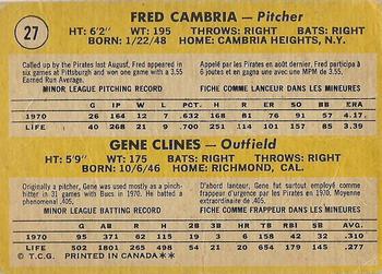 1971 O-Pee-Chee #27 Pirates 1971 Rookie Stars (Fred Cambria / Gene Clines) Back