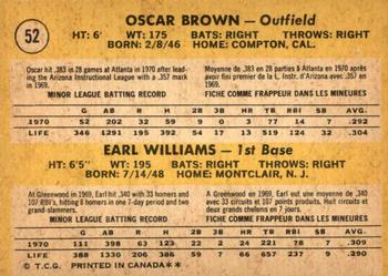 1971 O-Pee-Chee #52 Braves 1971 Rookie Stars (Oscar Brown / Earl Williams) Back