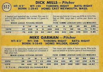 1971 O-Pee-Chee #512 Red Sox 1971 Rookie Stars (Dick Mills / Mike Garman) Back