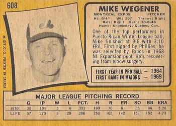 1971 O-Pee-Chee #608 Mike Wegener Back