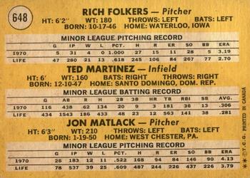 1971 O-Pee-Chee #648 Mets 1971 Rookie Stars (Rich Folkers / Ted Martinez / Jon Matlack) Back