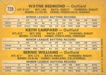 1971 O-Pee-Chee #728 N.L. Outfielders 1971 Rookie Stars (Wayne Redmond / Keith Lampard / Bernie Williams) Back