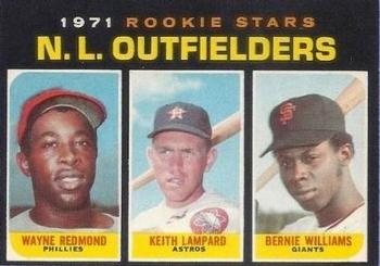 1971 O-Pee-Chee #728 N.L. Outfielders 1971 Rookie Stars (Wayne Redmond / Keith Lampard / Bernie Williams) Front