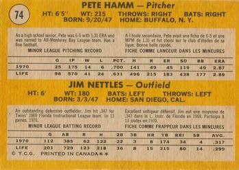 1971 O-Pee-Chee #74 Twins 1971 Rookie Stars (Pete Hamm / Jim Nettles) Back