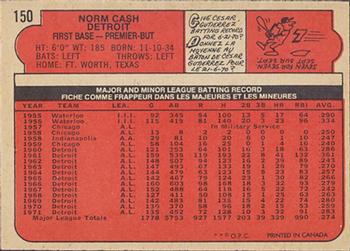 1972 O-Pee-Chee #150 Norm Cash Back