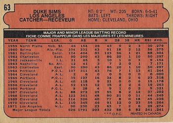 1972 O-Pee-Chee #63 Duke Sims Back