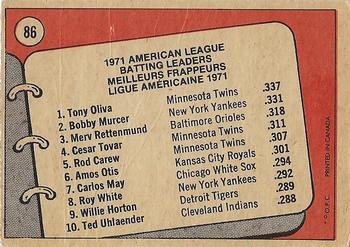 1972 O-Pee-Chee #86 1971 A.L. Batting Leaders (Tony Oliva / Bobby Murcer / Merv Rettenmund) Back