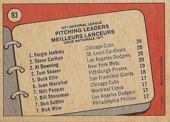 1972 O-Pee-Chee #93 1971 N.L. Pitching Leaders (Fergie Jenkins / Steve Carlton / Al Downing / Tom Seaver) Back