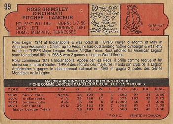 1972 O-Pee-Chee #99 Ross Grimsley Back