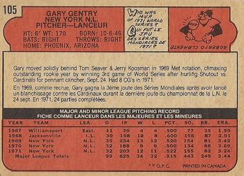 1972 O-Pee-Chee #105 Gary Gentry Back